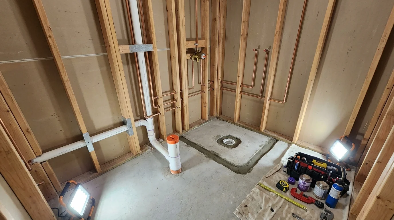 Bathroom rough-in plumbing during remodel by Johns Plumbing LLC in Combined Locks