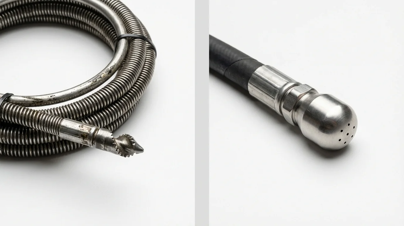 Drain snake cable and hydro jetting nozzle used for drain cleaning in Combined Locks, WI