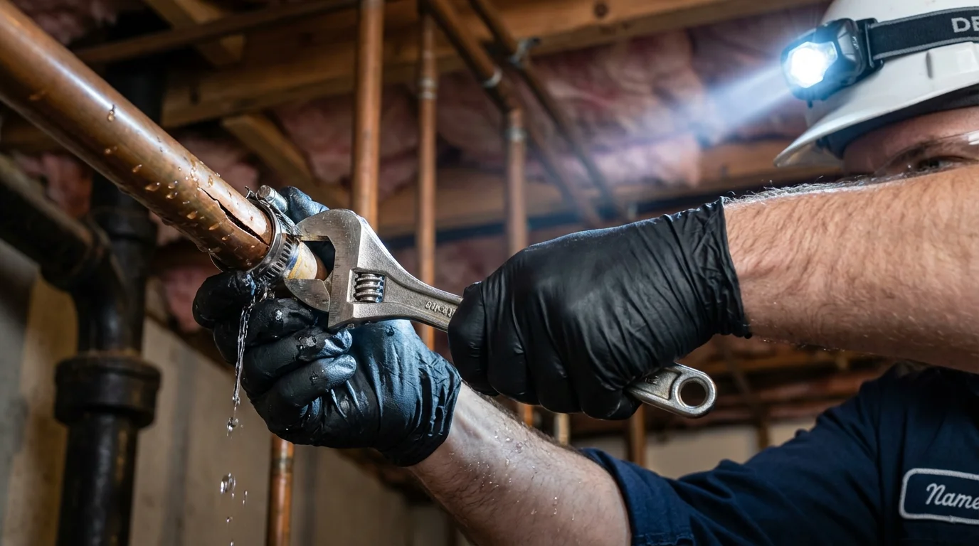 Emergency pipe clamp repair being performed by a Johns Plumbing LLC plumber in Combined Locks