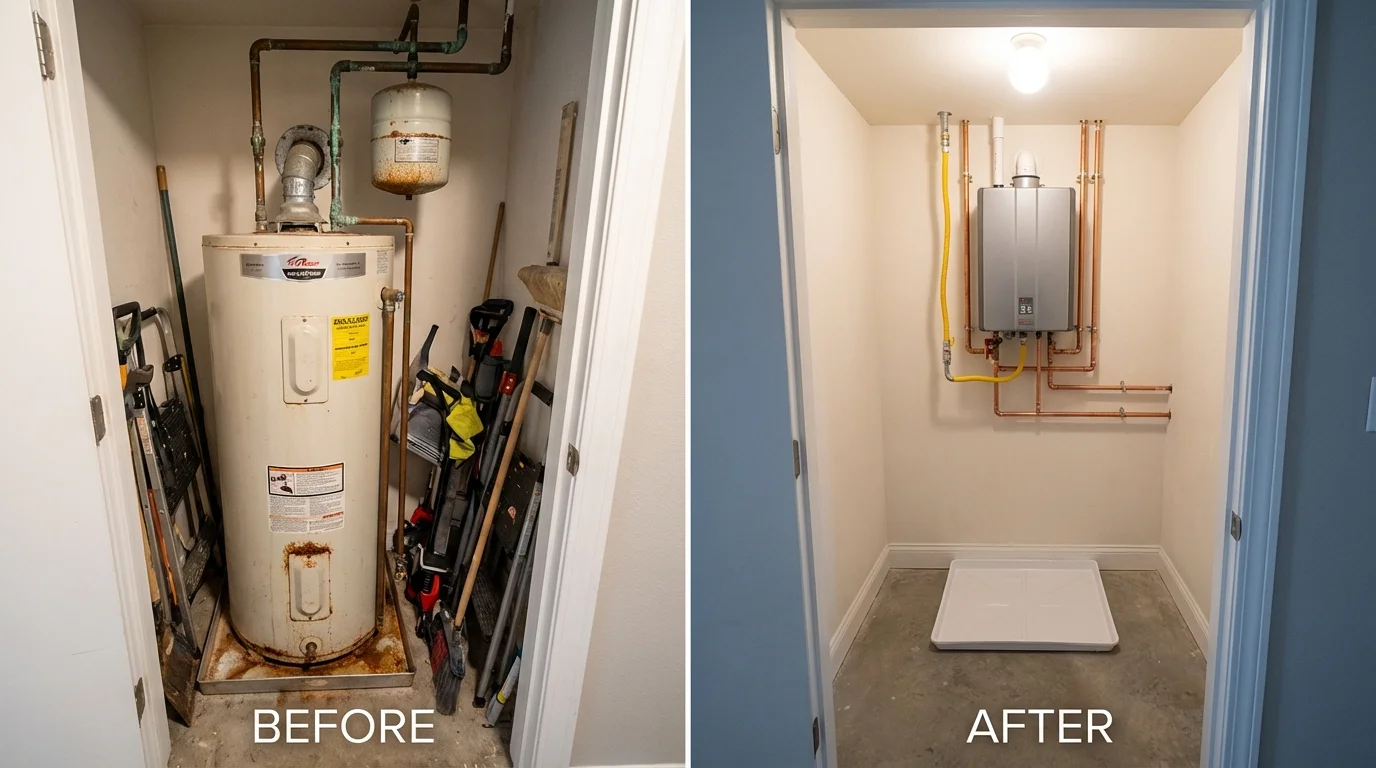Tank water heater versus wall-mounted tankless unit comparison for Combined Locks, WI homeowners