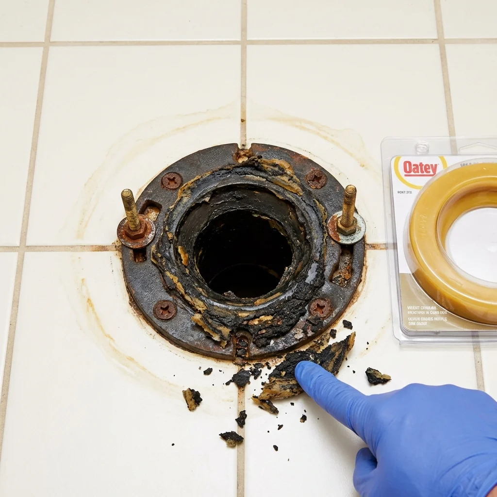 Failed wax ring showing water seepage at the base of a toilet in a Combined Locks, WI home