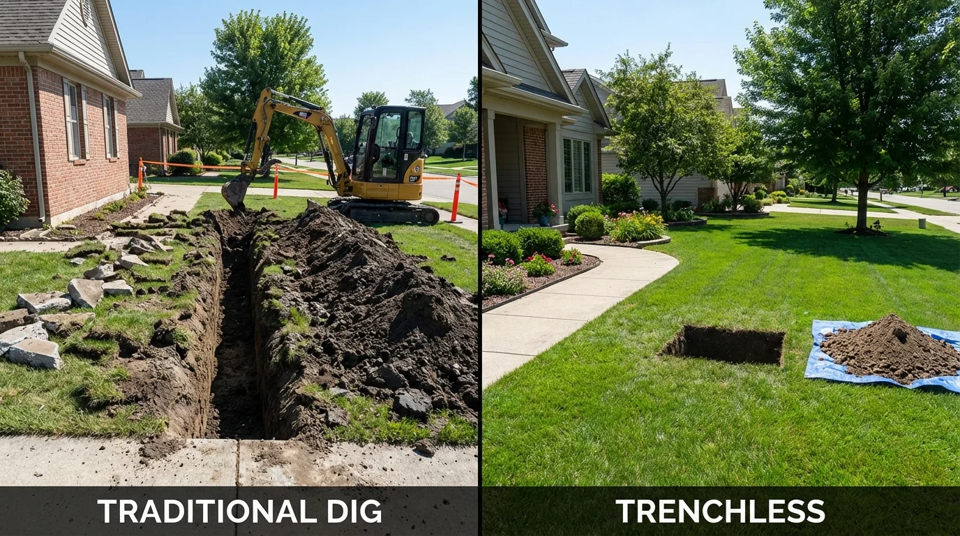 Trenchless sewer repair with minimal yard damage versus traditional excavation in Combined Locks, WI