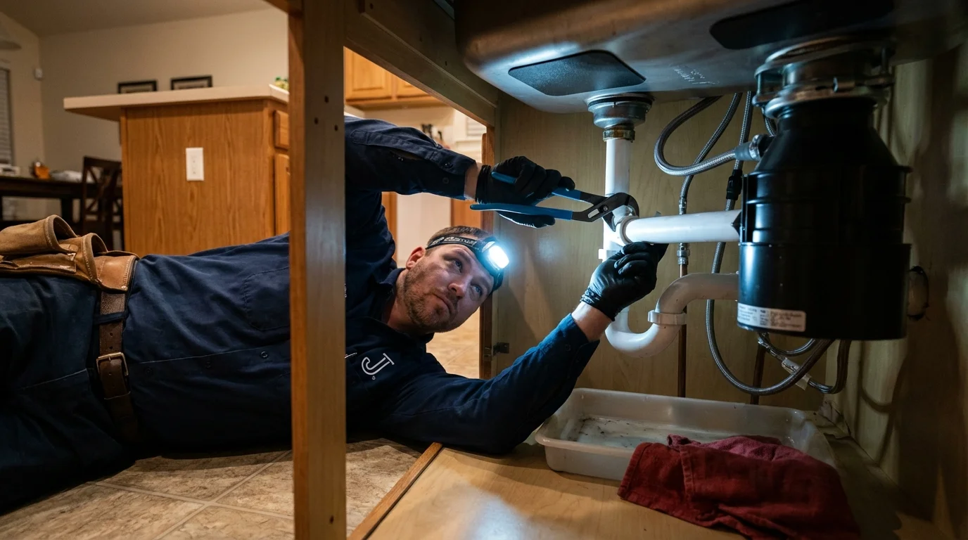 P-trap and supply line connections under a kitchen sink showing a common leak point in Combined Locks, WI