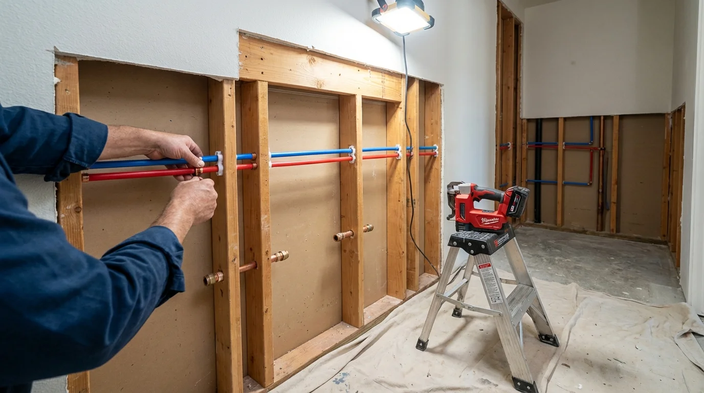 Old galvanized pipes being replaced with modern PEX piping during a whole-house repipe in Combined Locks, WI